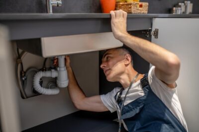 plumber repair experienced attentive middleaged man examining bottom kitchen sink 259150 58266