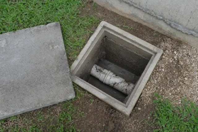 Caixa de inspeção de esgoto de concreto aberta no quintal de uma casa, com tubo de PVC e a tampa ao lado