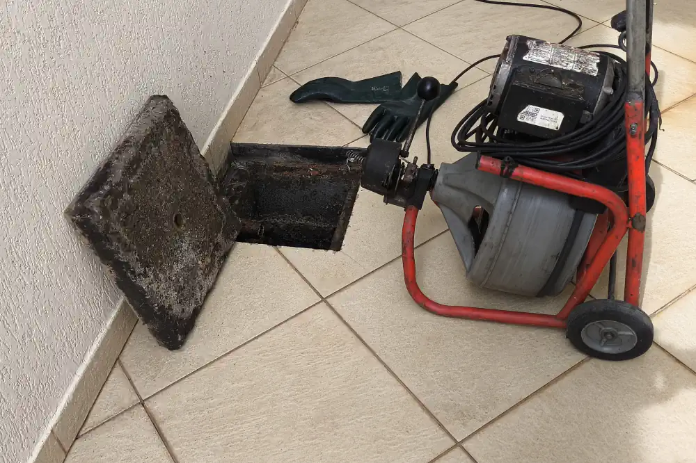 Tampa de concreto retirada de uma caixa de inspeção de esgoto, com máquina de desentupir ao lado