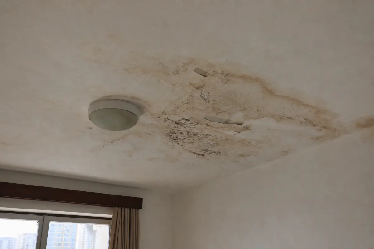 Mancha de infiltração com mofo e tinta descascando no teto de um cômodo de apartamento
