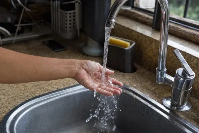 Religação de água Sanepar: mão sob uma torneira de cozinha com a água voltando a correr na pia