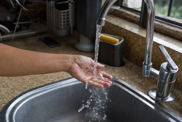 Religação de água Sanepar: mão sob uma torneira de cozinha com a água voltando a correr na pia