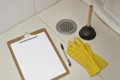 Quanto custa desentupir um ralo: prancheta com folha em branco, caneta, luvas e desentupidor ao lado de um ralo de banheiro