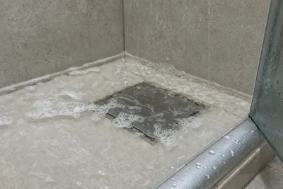 Ralo do chuveiro entupido com água e espuma cobrindo a grelha de aço no piso do box