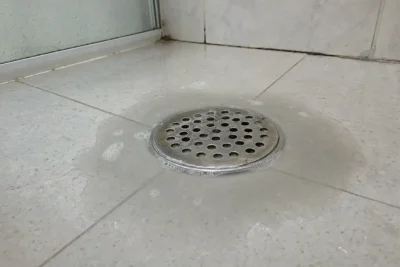 Ralo entupido banheiro: água ensaboada parada em volta da grelha do ralo do box com fios de cabelo presos