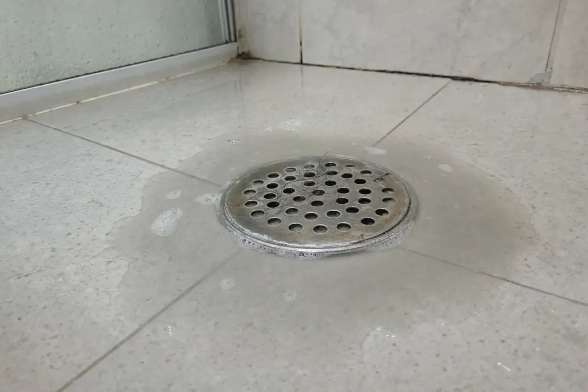 Ralo entupido banheiro: água ensaboada parada em volta da grelha do ralo do box com fios de cabelo presos