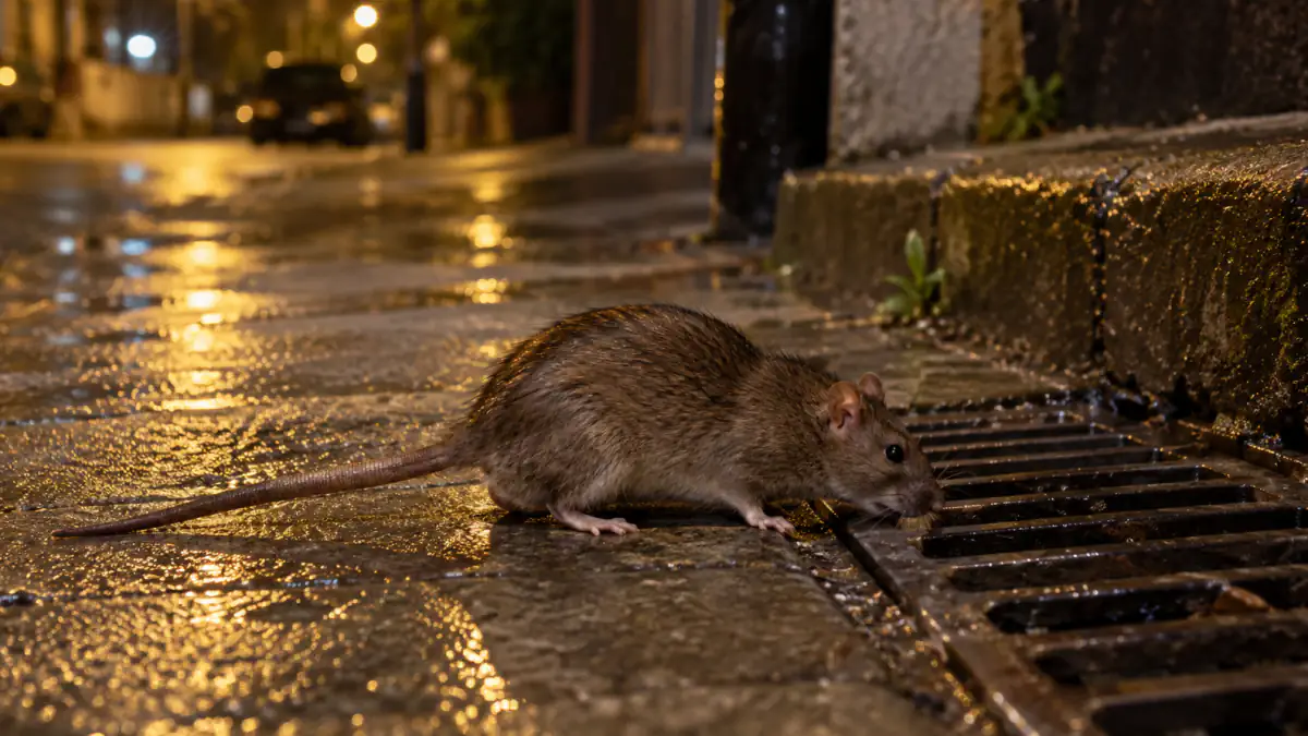 Ratazana, o rato de esgoto, de perfil na calçada molhada ao lado da grade de um bueiro à noite