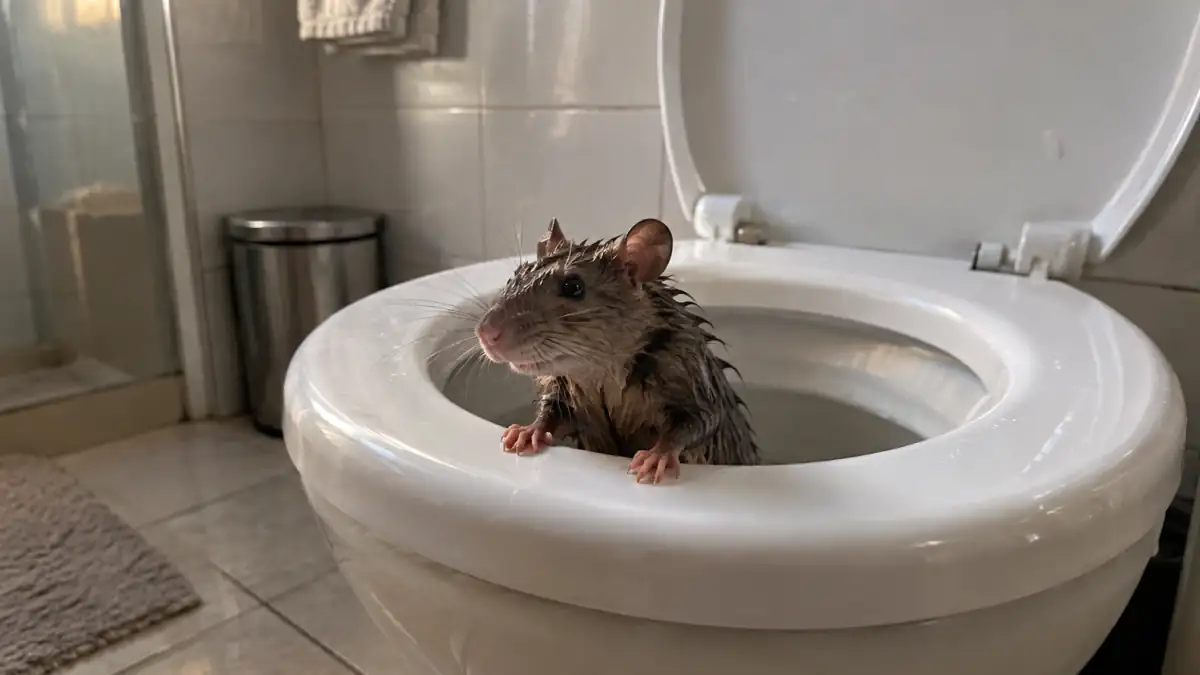 Rato de esgoto molhado saindo de dentro do vaso sanitário em um banheiro residencial