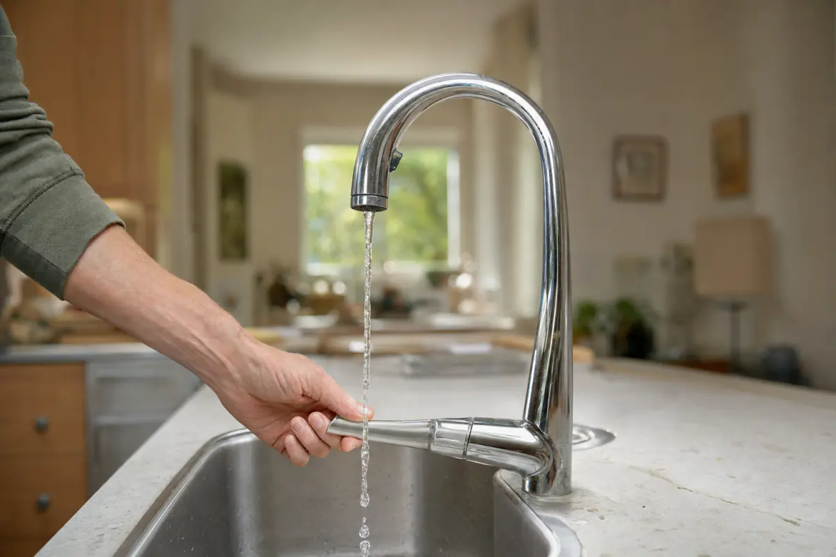 Torneira não fecha fica girando: mão na alavanca de um monocomando com fio de água ainda caindo na pia de inox