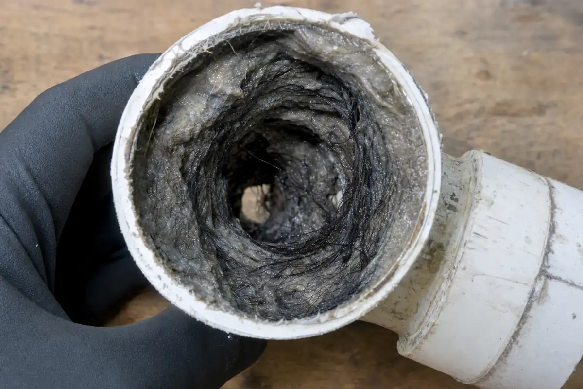 Trecho cortado de tubo de PVC com gordura endurecida e cabelo acumulados reduzindo a passagem