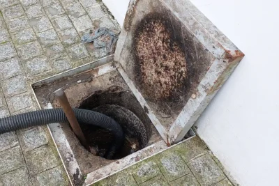 Caixa de esgoto aberta no calçamento de pedra, com mangueira preta de limpeza dentro e a tampa virada com resíduo de gordura