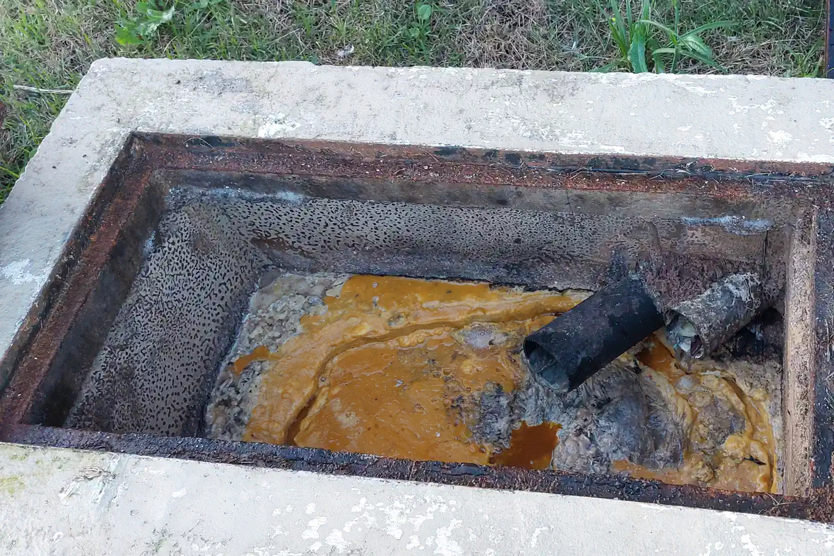 Caixa de Gordura: O Que É, Como Funciona e Como Limpar 2 Caixa de gordura de concreto aberta com gordura endurecida alaranjada na superfície e canos de entrada à vista