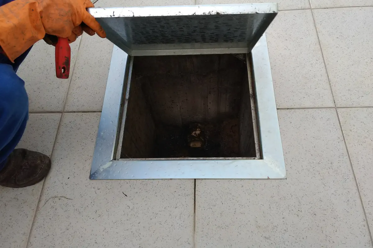 Caixa de Gordura: O Que É, Como Funciona e Como Limpar 3 Caixa de gordura embutida no piso cerâmico com tampa metálica aberta e profissional de luvas laranja segurando a tampa