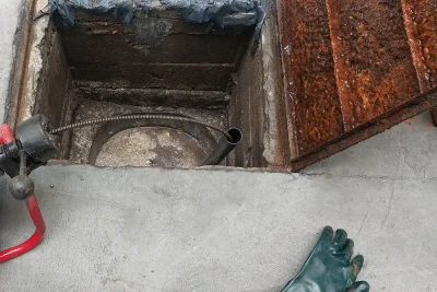Caixa de gordura grande de piso aberta, com grelha metálica enferrujada ao lado e máquina de desentupir vermelha com o cabo dentro da caixa