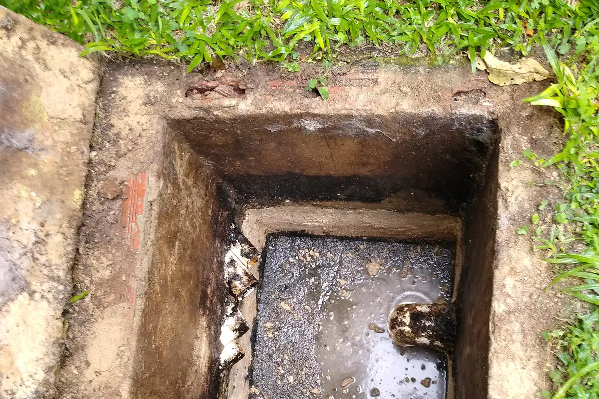 Como Limpar Caixa de Gordura: Guia Completo para Casa 1 Caixa de gordura quadrada de alvenaria no gramado, vista de cima, com água escura e um tubo de entrada no fundo