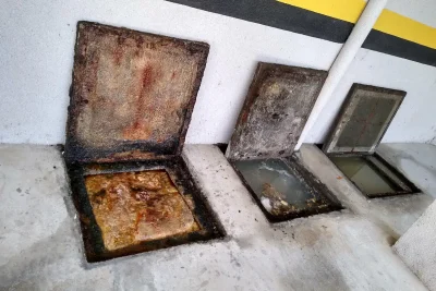 Três caixas de gordura abertas em fila junto à parede de um estacionamento, a primeira com crosta de gordura alaranjada na superfície