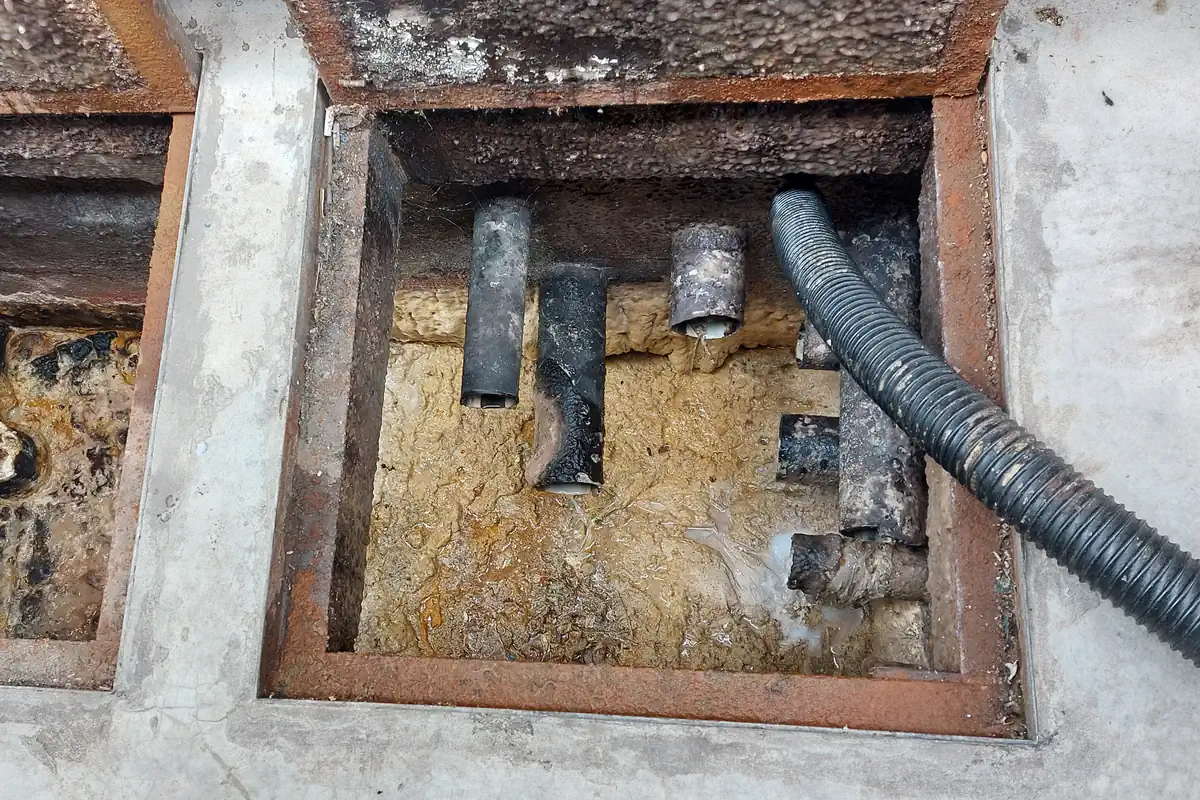 Caixa de gordura de concreto aberta com crosta amarelada no fundo, quatro canos de entrada à vista e mangueira de sucção preta à direita