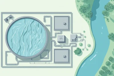 Ilustração em vista aérea de uma estação de tratamento de esgoto com tanque circular, tanques quadrados, tubulações e um rio ao lado