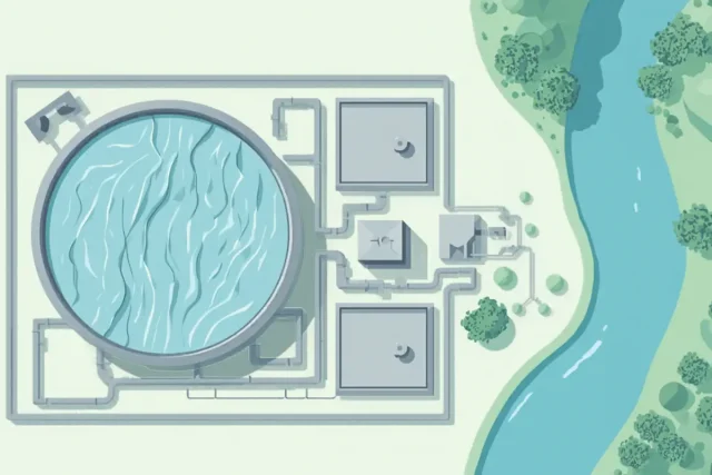 Ilustração em vista aérea de uma estação de tratamento de esgoto com tanque circular, tanques quadrados, tubulações e um rio ao lado