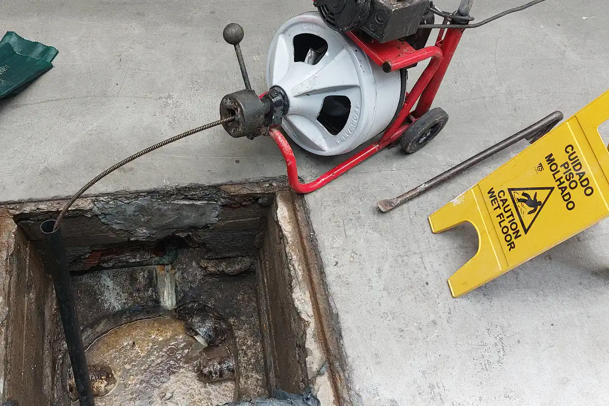Caixa de Gordura para Restaurante: Norma, Tamanho e Limpeza 2 Interior de uma caixa de gordura comercial de concreto com gordura acumulada no fundo e o cabo da máquina de desentupir entrando pela esquerda