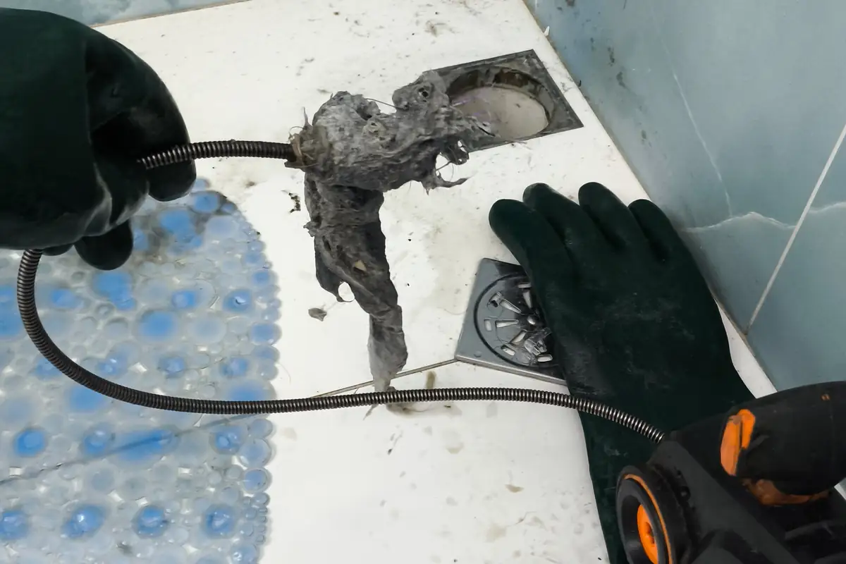 Produto para Desentupir Pia: o Que Usar e o Que Evitar 1 Mola de desentupimento puxando para fora um bloco de resíduo endurecido de um ralo sifonado de piso, ao lado de uma luva escura