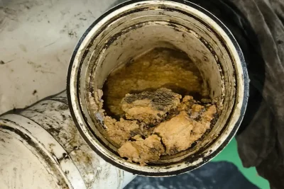 Tubo branco de esgoto visto de cima, com o interior quase fechado por resíduo endurecido de cor amarronzada