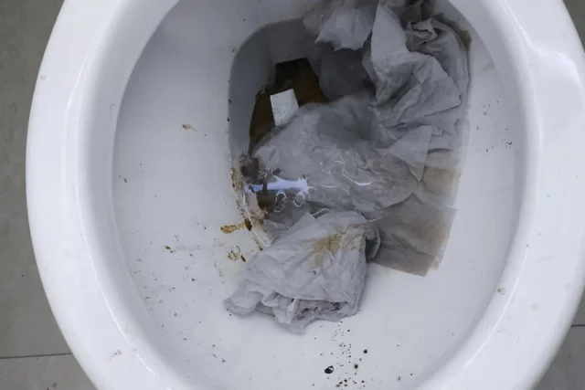Vaso sanitário visto de cima com papel higiênico e resíduos acumulados no fundo da bacia